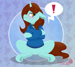 Size: 5556x4949 | Tagged: safe, artist:raspberrystudios, derpibooru import, oc, oc only, unicorn, blushing, clothes, commission, crossed arms, embarrassed, female, frown, gradient, grumpy, hoodie, hooves, horn, jewelry, mare, necklace, scrunchy face, speech bubble, unicorn oc