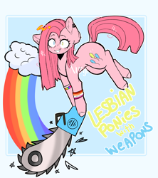 Size: 2000x2256 | Tagged: safe, artist:n-unji, derpibooru import, pinkie pie, earth pony, pony, chainsaw, female, grin, high res, lesbian, mare, mismatched eyes, multicolored eyes, pinkamena diane pie, pride flag, rainbow, smiling, solo