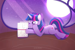 Size: 1024x683 | Tagged: safe, artist:nnaly, derpibooru import, twilight sparkle, pony, unicorn, book, female, golden oaks library, moon, night, solo, window