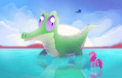 Size: 1024x650 | Tagged: safe, artist:nnaly, derpibooru import, gummy, pinkie pie, alligator, earth pony, pony, female, macro, water