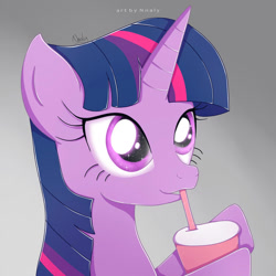 Size: 1024x1024 | Tagged: safe, artist:nnaly, derpibooru import, twilight sparkle, pony, drinking, female, gradient background, solo, straw