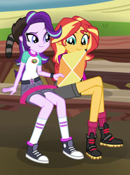 Size: 1024x1376 | Tagged: safe, artist:emeraldblast63, derpibooru import, starlight glimmer, sunset shimmer, equestria girls, legend of everfree, bench, camp everfree outfits, clothes, converse, cyoa, kite, raccoon hat, shoes, shorts, sneakers
