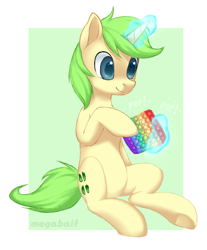 Size: 2657x3209 | Tagged: safe, artist:megabait, derpibooru import, oc, oc only, oc:markov, pony, unicorn, 4chan, green hair, magic, pop it, sitting, text