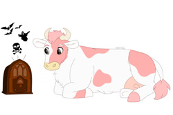 Size: 1280x854 | Tagged: safe, artist:itstechtock, derpibooru import, oc, oc:berry dairy, cow, lying down, prone, radio, solo, udder