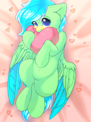 Size: 2048x2732 | Tagged: safe, artist:alphadesu, derpibooru import, oc, oc only, pegasus, pony, bed, blushing, heart, heart pillow, lying down, on back, pillow, solo