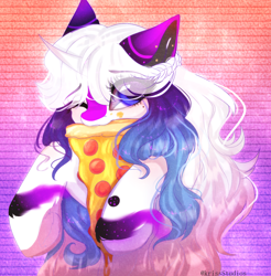 Size: 2856x2900 | Tagged: safe, artist:krissstudios, derpibooru import, oc, oc:sophia, pony, unicorn, female, food, mare, mouth hold, pizza, solo