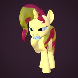 Size: 4000x4000 | Tagged: safe, artist:wissle, derpibooru import, sunset shimmer, pony, unicorn, 3d, absurd resolution, atg 2021, blender, cake, eating, female, food, mare, newbie artist training grounds, raised leg, simple background, solo