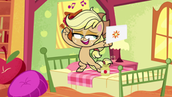 Size: 1920x1080 | Tagged: safe, derpibooru import, screencap, applejack, earth pony, pony, my little pony: pony life, terrorarium, spoiler:pony life s02e07, applejack's hat, bed, bipedal, clothes, cowboy hat, female, hat, mare, open mouth, solo, sweet apple acres, tablet