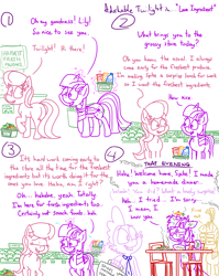 Size: 4779x6013 | Tagged: safe, artist:adorkabletwilightandfriends, derpibooru import, lily, lily valley, moondancer, spike, twilight sparkle, twilight sparkle (alicorn), alicorn, dragon, earth pony, pony, comic:adorkable twilight and friends, absurd resolution, adorkable, adorkable twilight, apple, basket, butt, carrot, charred, chips, comic, cute, dinner, dork, female, food, friendship, grocery store, happy, horn, horn impalement, humor, lettuce, love, magic, male, mare, messy, plot, produce, relationships, smoke, store, trio, walking, wuv, wuv u, wuvs