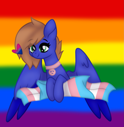 Size: 1095x1123 | Tagged: safe, artist:froyo15sugarblast, derpibooru import, oc, oc:airin sparkle, original species, pegasus, pony, base used, bisexual, bisexual pride flag, collar, eye clipping through hair, female, gay pride flag, peace sign, pride, pride flag, solo, tomboy, trans female, transgender, transgender pride flag, two toned wings, winged lion pegasus, wings