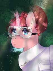 Size: 768x1024 | Tagged: safe, artist:luckyxlynn, derpibooru import, oc, oc only, oc:rose tint, pony, unicorn, lab coat, safety goggles