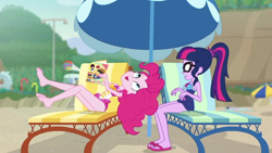 Size: 1280x720 | Tagged: safe, derpibooru import, screencap, pinkie pie, sci-twi, twilight sparkle, better together, equestria girls, friendship math, barefoot, beach, clothes, duo, duo female, feet, female, frown, open mouth, open smile, sleeveless, smiling, soles, swimsuit