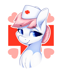 Size: 1494x1732 | Tagged: safe, artist:aquaticvibes, derpibooru import, nurse redheart, earth pony, pony, bust, chest fluff, cutie mark background, female, hat, looking at you, mare, nurse hat, outline, portrait, smiling, solo, three quarter view, white outline