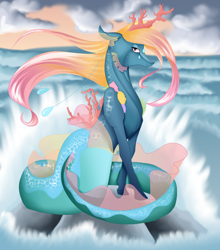 Size: 2900x3300 | Tagged: safe, artist:elena-naqua, derpibooru import, oc, oc only, merpony, seapony (g4), clothes, cloud, coral, dorsal fin, female, fins, flowing mane, high res, looking at you, ocean, pink eyes, see-through, sky, smiling, smiling at you, solo, water