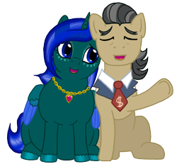 Size: 1200x1113 | Tagged: safe, artist:soobel, derpibooru import, filthy rich, oc, oc:dusklight blossom, alicorn, earth pony, alicorn oc, atg 2021, bowtie, eyes closed, fat, female, horn, jewelry, male, mare, necklace, newbie artist training grounds, open mouth, stallion, wings