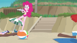 Size: 1280x720 | Tagged: safe, derpibooru import, screencap, pinkie pie, better together, equestria girls, too hot to handle, background human, barefoot, beach, beach ball, clothes, feet, female, one-piece swimsuit, sleeveless, smiling, solo focus, swimsuit, tongue, tongue out
