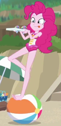 Size: 320x660 | Tagged: safe, derpibooru import, screencap, pinkie pie, human, better together, equestria girls, too hot to handle, barefoot, beach ball, clothes, cropped, feet, one-piece swimsuit, sand, sleeveless, smiling, solo, standing, standing on one leg, swimsuit, tongue, tongue out