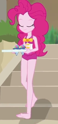 Size: 280x600 | Tagged: safe, derpibooru import, screencap, pinkie pie, human, better together, equestria girls, too hot to handle, barefoot, beach, clothes, cropped, eyes closed, feet, one-piece swimsuit, sand, sleeveless, smiling, swimsuit, walking