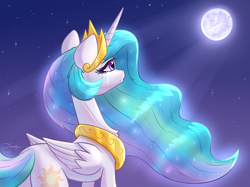 Size: 1890x1417 | Tagged: safe, artist:dandy, derpibooru import, princess celestia, alicorn, pony, atg 2021, crying, ethereal mane, female, jewelry, looking up, mare, mare in the moon, moon, newbie artist training grounds, night, rear view, regalia, solo