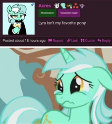 Size: 1186x1310 | Tagged: safe, screencap, lyra heartstrings, pony, unicorn, swarm of the century, bowtie, clothes, crying, female, gentlemare, gentlemare lyra, hoof hold, horn, mare, meta, moderator, ponybooru, sad, smiling, teary eyes, text, tuxedo