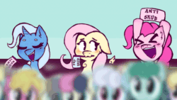 Size: 640x360 | Tagged: safe, artist:juniibugart, edit, editor:edits of hate, editor:hotkinkajou, editor:unofficial edits thread, fluttershy, pinkie pie, trixie, earth pony, pegasus, pony, unicorn, /mlp/, animated, anti skub, background pony, crowd, female, flag, flag waving, gif, hoof hold, jumping, mare, nervous, open mouth, open smile, perfect loop, perry bible fellowship, pro skub, skub, smiling, unofficial edits thread
