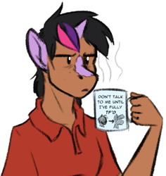Size: 749x792 | Tagged: safe, artist:acesential, artist:tf-sential, twilight sparkle, human, clothes, human to pony, mug, species swap, transformation