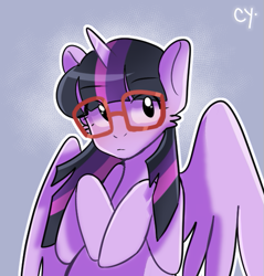 Size: 525x549 | Tagged: safe, artist:cyanesk, derpibooru import, twilight sparkle, twilight sparkle (alicorn), alicorn, pony, bust, cheek fluff, cute, eye clipping through hair, eyebrows, eyebrows visible through hair, eyelashes, female, glasses, looking at you, mare, simple background, solo, twiabetes, watermark