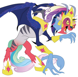 Size: 3029x3000 | Tagged: safe, artist:dragonchaser123, derpibooru import, idw, big macintosh, cosmos (character), princess cadance, princess celestia, princess luna, twilight sparkle, zecora, spoiler:comic, spoiler:comic77, cosmageddon, crown, female, fusion, high res, horn, hybrid wings, idw showified, jewelry, multiple ears, multiple horns, regalia, scorpion tail, simple background, solo, tail, transparent background, vector, we have become one, wing claws, wings