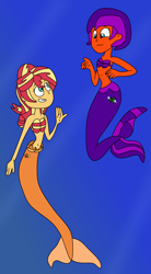 Size: 4400x8000 | Tagged: safe, artist:jadethepegasus, derpibooru import, sunset shimmer, oc, oc:jade the pegasus, mermaid, equestria girls, absurd resolution, bra, duo, duo female, female, mermaid tail, mermaidized, seashell bra, smiling, species swap, underwear