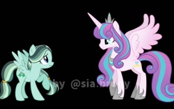 Size: 1080x679 | Tagged: safe, alternate version, artist:sia.brony, derpibooru import, princess flurry heart, oc, oc:clover, alicorn, pegasus, pony, the last problem, to where and back again, black background, duo, duo female, female, hoof shoes, horn, jewelry, mare, older, older flurry heart, pegasus oc, peytral, raised hoof, raised leg, simple background, smiling, tiara, wings, worried