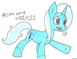 Size: 1003x772 | Tagged: safe, artist:cmara, derpibooru import, trixie, pony, unicorn, female, mare, open mouth, open smile, raised hoof, raised leg, smiling, solo