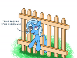 Size: 1280x960 | Tagged: safe, artist:zeronixma, derpibooru import, trixie, pony, unicorn, atg 2021, dialogue, female, fence, grammar error, looking at you, mare, newbie artist training grounds, simple background, solo, stuck, text, third person