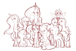 Size: 552x372 | Tagged: safe, artist:iwill-gone, artist:watery summer, derpibooru import, applejack, fluttershy, pinkie pie, princess cadance, princess celestia, princess flurry heart, princess luna, rainbow dash, rarity, shining armor, twilight sparkle, alicorn, earth pony, pegasus, pony, unicorn, applejack's hat, baby, baby pony, clothes, cowboy hat, crown, female, flying, group shot, hat, jewelry, looking at you, lying down, male, mane six, mare, monochrome, peytral, prone, raised hoof, raised leg, regalia, sitting, stallion