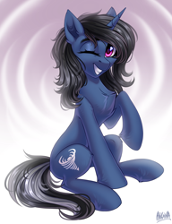 Size: 3000x3900 | Tagged: safe, artist:hakaina, derpibooru import, oc, oc only, oc:procelle, pony, unicorn, chest fluff, female, grin, high res, horn, looking at you, mare, one eye closed, simple background, sitting, smiling, smiling at you, solo, unicorn oc, wink, winking at you