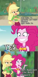 Size: 1035x2074 | Tagged: safe, derpibooru import, edit, edited screencap, screencap, applejack, pinkie pie, better together, equestria girls, friendship math, turf war, applepie, beach, clothes, comic, female, geode of sugar bombs, geode of super strength, grin, lesbian, lifeguard applejack, magical geodes, open mouth, pinkie pie is best facemaker, pinkie pie swimsuit, screencap comic, shipping, sleeveless, smiling, swimsuit