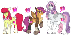 Size: 6000x3000 | Tagged: safe, artist:gingygin, derpibooru import, apple bloom, scootaloo, sweetie belle, earth pony, pegasus, pony, unicorn, absurd resolution, bandaid, coat markings, cutie mark crusaders, eyebrows, eyebrows visible through hair, feathered fetlocks, female, goldie delicious' shawl, height difference, hoof fluff, hoof wraps, long feather, looking at you, mare, older, older apple bloom, older cmc, older scootaloo, older sweetie belle, shawl, simple background, smiling, smiling at you, socks (coat marking), trio, trio female, unshorn fetlocks, white background