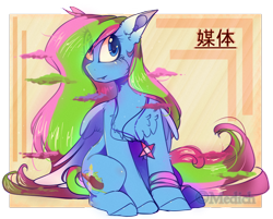 Size: 2730x2196 | Tagged: safe, artist:mediasmile666, derpibooru import, oc, oc only, oc:media smile, pegasus, pony, abstract background, chest fluff, chinese, eye clipping through hair, female, high res, jewelry, mare, pegasus oc, pendant, sitting, smiling, solo