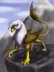 Size: 2121x2828 | Tagged: safe, artist:sinderynaralex, derpibooru import, gilda, griffon, cloud, female, high res, mountain, outdoors, sky, solo