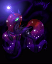 Size: 2201x2724 | Tagged: safe, artist:sinderynaralex, derpibooru import, oc, oc only, alicorn, pony, alicorn oc, corrupted, female, glowing horn, high res, horn, mare, raised hoof, raised leg, solo, standing, wings