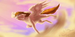 Size: 3464x1732 | Tagged: safe, artist:sinderynaralex, derpibooru import, oc, oc only, pegasus, pony, cloud, eyes closed, flying, grin, high res, pegasus oc, sky, smiling, solo, spread wings, wings