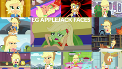 Size: 1280x721 | Tagged: safe, derpibooru import, edit, edited screencap, editor:quoterific, screencap, applejack, fluttershy, best in show: the victory lap, camping must-haves, eqg summertime shorts, equestria girls, equestria girls (movie), equestria girls series, i'm on a yacht, legend of everfree, make up shake up, rainbow rocks, rollercoaster of friendship, shake things up!, spring breakdown, street chic, sunset's backstage pass!, spoiler:eqg series (season 2), angry, applejack's hat, best in show logo, camp everfree outfits, clothes, cowboy hat, cute, cutie mark, cutie mark on clothes, fall formal outfits, female, food, geode of super strength, hat, jackabetes, jewelry, magical geodes, microphone, necklace, offscreen character, one eye closed, open mouth, pancakes, photo booth (song), ponied up, seasickness, sleeveless, smiling, solo focus, yacht