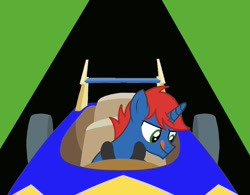 Size: 900x702 | Tagged: safe, artist:ry-bluepony1, derpibooru import, oc, oc:train track, pony, unicorn, base used, car, horn, male, racecar, show accurate, smiling, solo, stallion, tongue, tongue out, unicorn oc