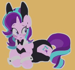 Size: 1399x1302 | Tagged: safe, artist:dekuloid, derpibooru import, starlight glimmer, pony, unicorn, blushing, bowtie, bunny ears, bunny suit, clothes, cuffs (clothes), female, frown, leotard, lying down, mare, prone, socks, solo