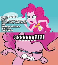 Size: 1656x1877 | Tagged: safe, derpibooru import, edit, edited screencap, screencap, pinkie pie, earth pony, human, pony, better together, equestria girls, forgotten friendship, my little pony: pony life, pie vs. pie, 200% angry, angry, angry pinkie pie, bipedal, choose your own ending drama, clothes, drama, forgotten friendship purist, furious, g4 purist, gritted teeth, grrrr, holidays unwrapped drama, obligatory pony, open mouth, pinkie pie is not amused, pinkie pie swimsuit, pony life drama, rage, self ponidox, swimsuit, teeth, unamused