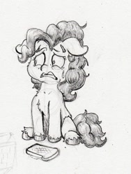 Size: 1139x1511 | Tagged: safe, artist:lost marbles, derpibooru import, pinkie pie, earth pony, pony, bread, female, food, pencil drawing, solo, solo female, sweat, toast, traditional art