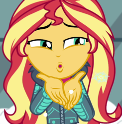 Size: 564x576 | Tagged: safe, derpibooru import, screencap, sunset shimmer, better together, equestria girls, holidays unwrapped, :o, blizzard or bust, blowing a kiss, cropped, open mouth, pov, snow, snowflake, solo