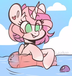 Size: 1830x1930 | Tagged: safe, artist:sakukitty, derpibooru import, oc, oc only, oc:saku, alicorn, pony, cute, inner tube, ocean, smiling, solo, water