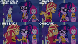 Size: 1280x720 | Tagged: safe, derpibooru import, edit, edited screencap, editor:quoterific, screencap, pinkie pie, rarity, sci-twi, sunset shimmer, twilight sparkle, human, equestria girls, equestria girls series, spring breakdown, spoiler:eqg series (season 2), 100, clothes, cutie mark, cutie mark on clothes, female, geode of sugar bombs, geode of telekinesis, glasses, hairpin, lifejacket, magical geodes, open mouth, ponytail, smiling, teeth, yacht