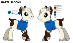 Size: 1280x751 | Tagged: safe, artist:hazelbloons, derpibooru import, oc, oc:hazel bloons, goat, 2019, brown eyes, brown fur, clothes, ear tag, goat oc, hoodie, horns, looking at you, male, reference sheet, simple background, smiling, solo, text, white fur