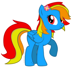 Size: 1280x1186 | Tagged: safe, artist:hazelbloons, derpibooru import, oc, oc:sunamena, pegasus, 2021, blue coat, female, flower, flower in hair, lifting leg, mare, multicolored hair, multicolored mane, multicolored tail, pegasus oc, pegasus wings, red eyes, simple background, smiling, solo, tattoo, wings